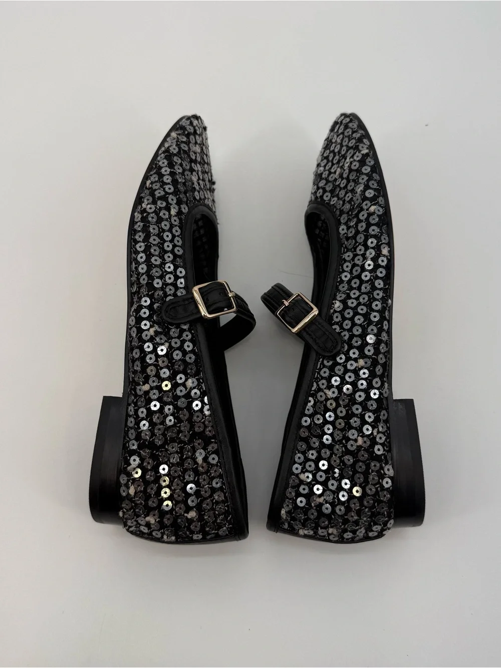 J.Crew Sequin Mary Jane Ballet Flats Black Silver Size 8.5